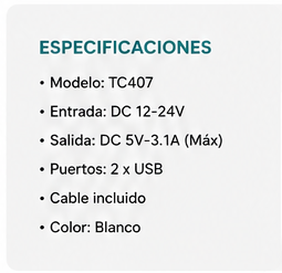 Cargador de Auto CASIM Design TC407 3.1A | 2 Puertos USB + Cable Incluido