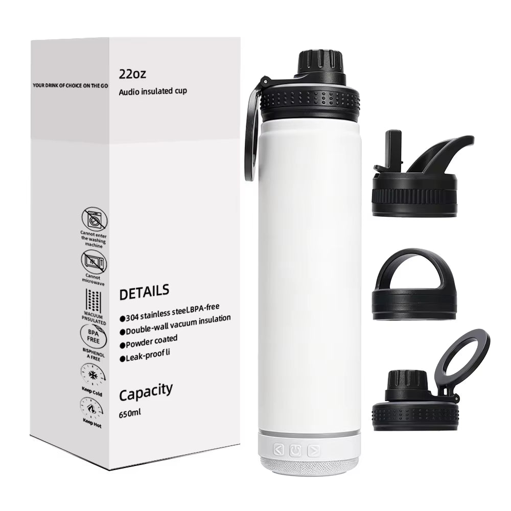 22Oz Large Bluetooth Speaker Insulated Water Bottle Double Wall 304 Stainless Steel 12-24 Hours Thermal Insulation Thermos
