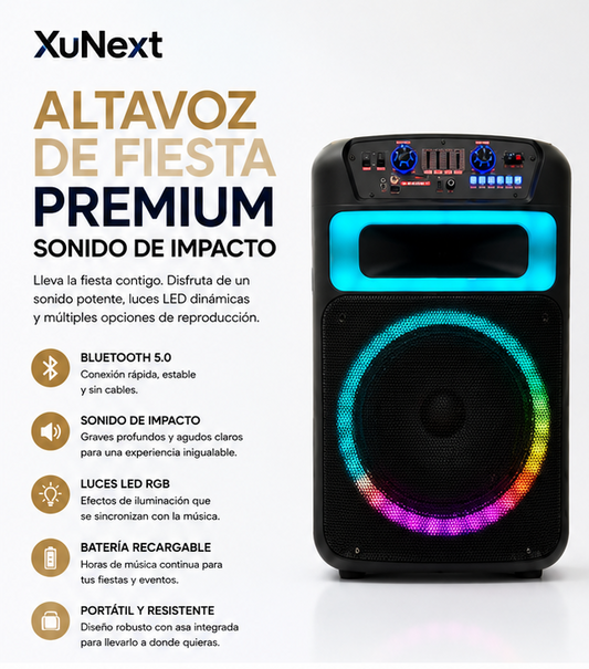 XuNext Pulse Max 40W | Altavoz Bluetooth con RGB, USB, Radio FM y Batería Recargable