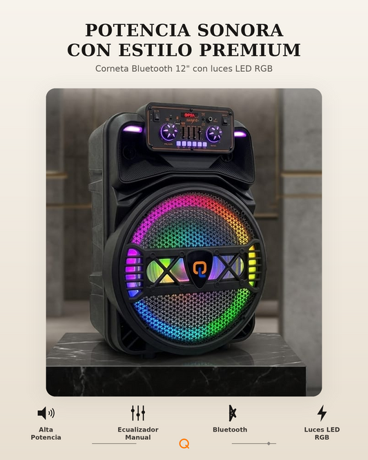 Corneta Bluetooth 12" con Luces LED RGB y Ecualizador | Altavoz Portátil