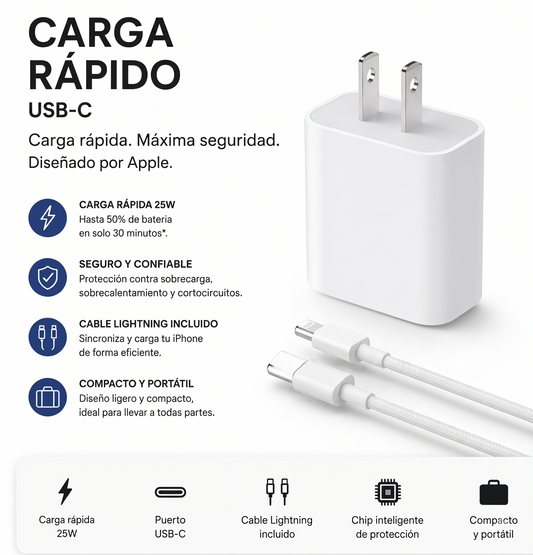 Cargador Iphone 25W USB-C + Cable Lightning | Carga Rápida