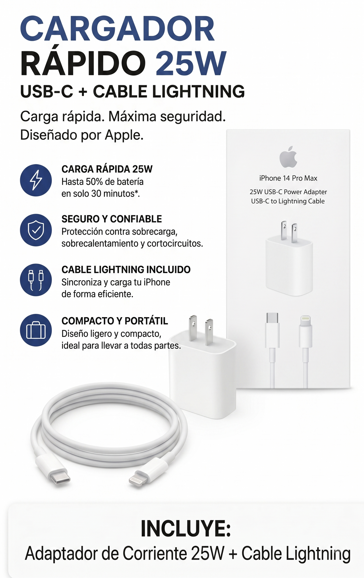 Cargador Iphone 25W USB-C + Cable Lightning | Carga Rápida