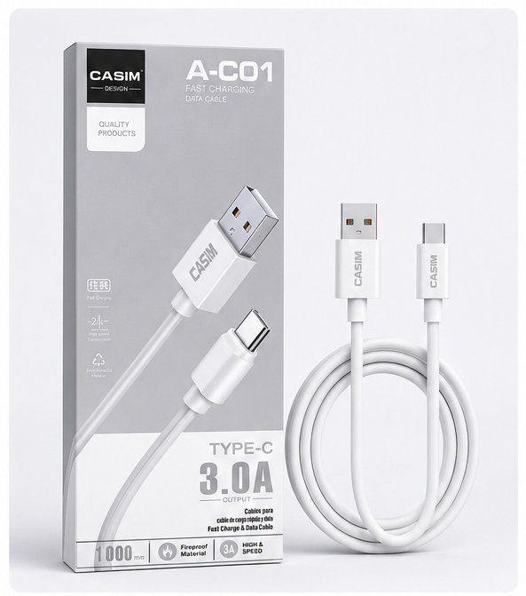 Cable CASIM Design A-C01 USB-A a USB-C 1 Metro | Carga Rápida 3A + Transferencia de Datos