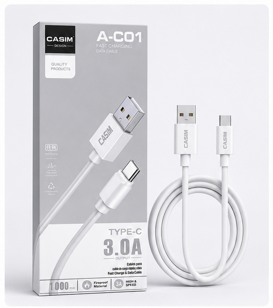 Cable CASIM Design A-C01 USB-A a USB-C 1 Metro | Carga Rápida 3A + Transferencia de Datos
