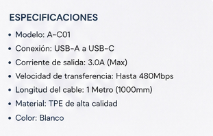 Cable CASIM Design A-C01 USB-A a USB-C 1 Metro | Carga Rápida 3A + Transferencia de Datos
