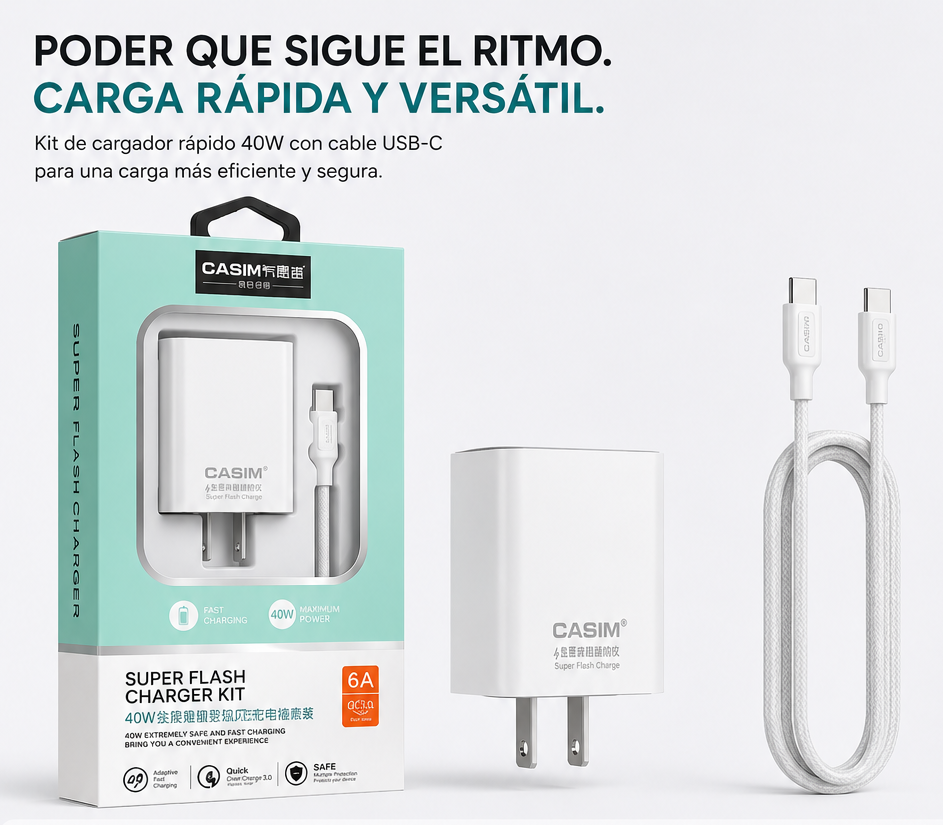 Kit Cargador CASIM Super Flash 40W | USB-C PD + USB-A + Cable USB-C 1m