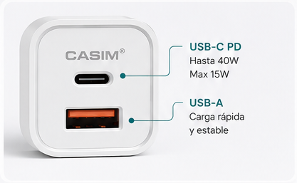 Kit Cargador CASIM Super Flash 40W | USB-C PD + USB-A + Cable USB-C 1m