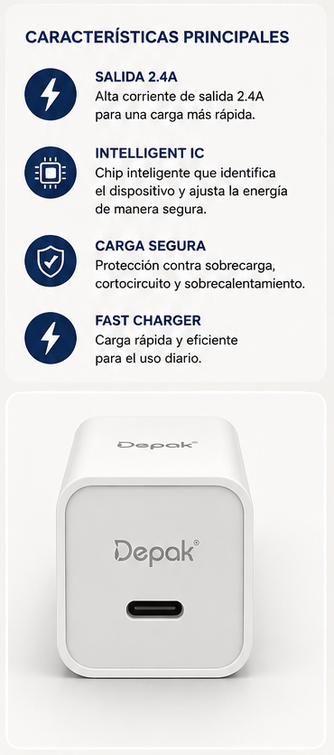 Kit Cargador Depak DH-G06 2.4A + Cable USB-C 1m | Smart Charger