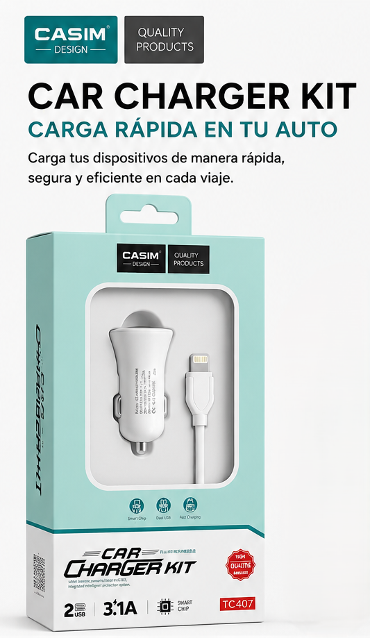Cargador de Auto CASIM Design TC407 3.1A | 2 Puertos USB + Cable Incluido