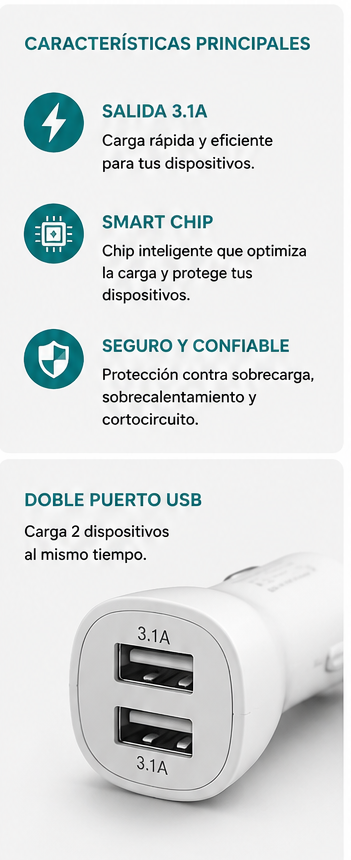 Cargador de Auto CASIM Design TC407 3.1A | 2 Puertos USB + Cable Incluido