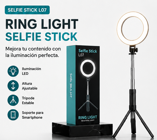 Selfie Stick L07 + Ring Light LED | Trípode, Soporte para Celular y 3 Modos de Luz