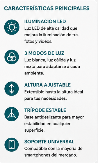 Selfie Stick L07 + Ring Light LED | Trípode, Soporte para Celular y 3 Modos de Luz