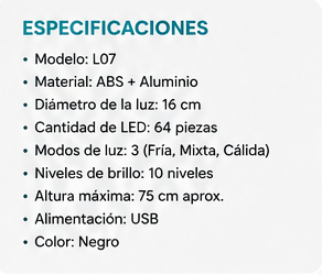 Selfie Stick L07 + Ring Light LED | Trípode, Soporte para Celular y 3 Modos de Luz