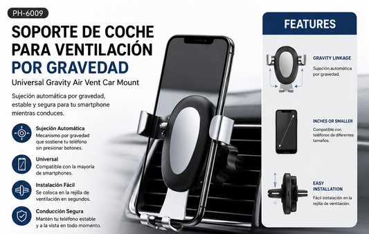 Soporte de Carro para Celular | PH-6009 Sujeción Automática por Gravedad