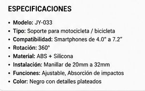 Soporte de Celular para Moto y Bicicleta JY-033 | Ajustable 360° y Antivibración