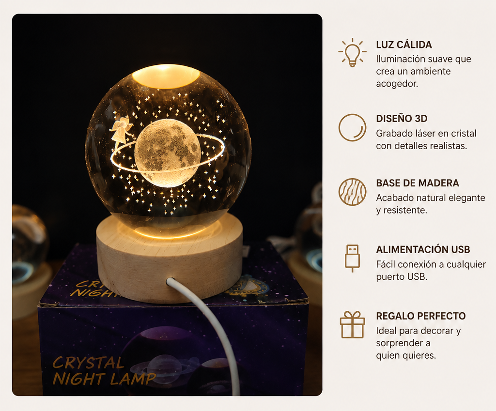 Lámpara Crystal Night | Esfera Decorativa 3D con Luz LED