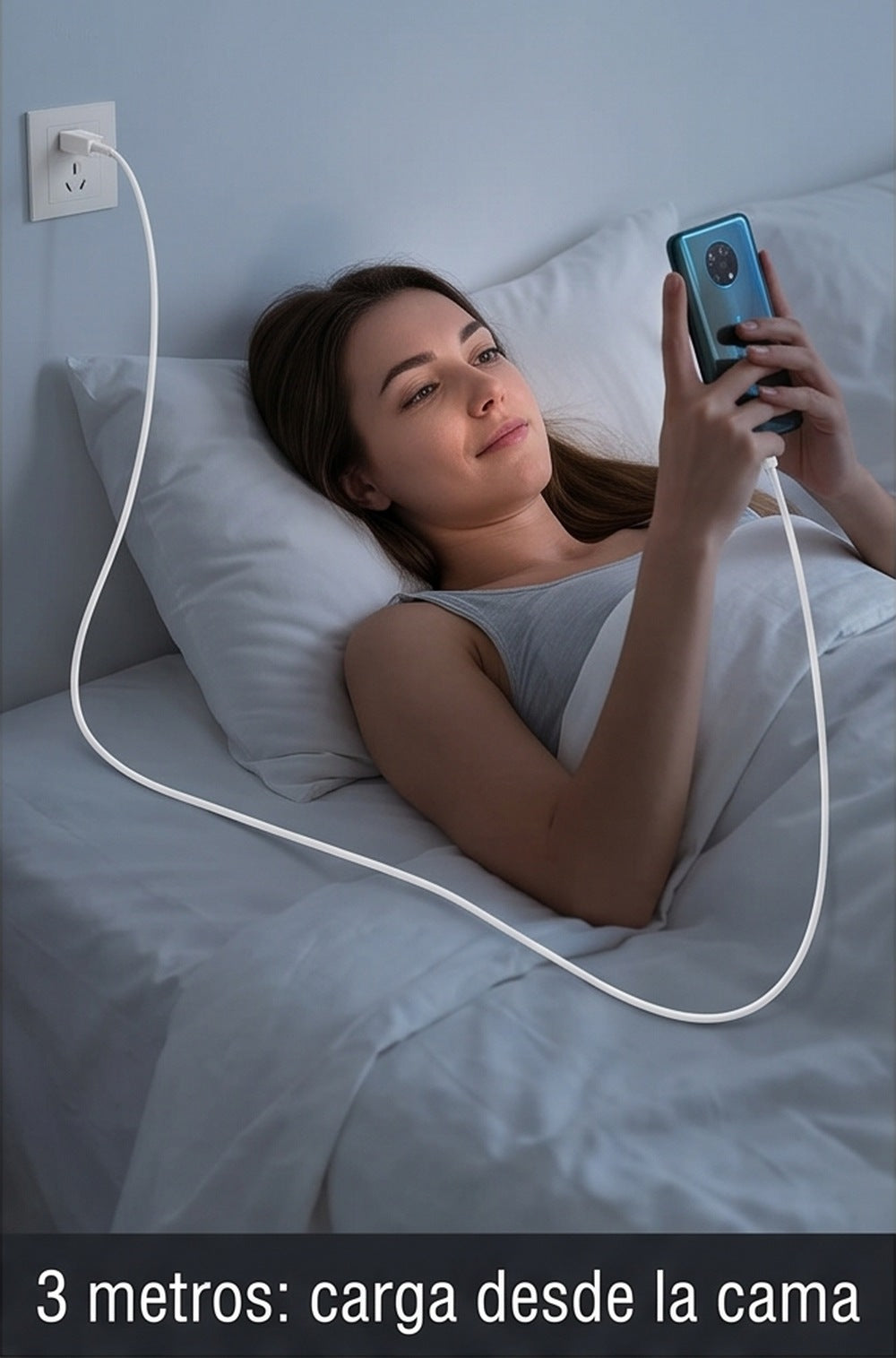 Cable de 3 metros: carga el celular desde la cama