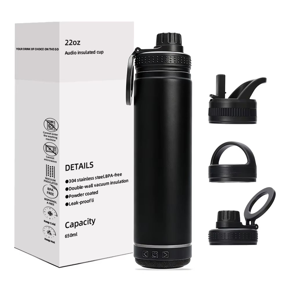 22Oz Large Bluetooth Speaker Insulated Water Bottle Double Wall 304 Stainless Steel 12-24 Hours Thermal Insulation Thermos