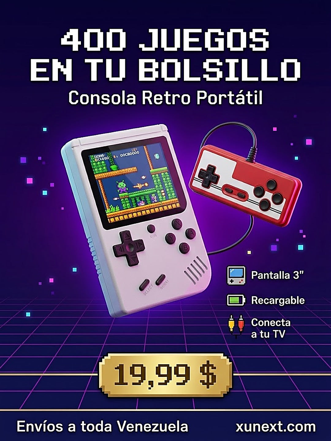 Consola retro portátil 400 en 1 con pantalla de 3 pulgadas y control para 2 jugadores