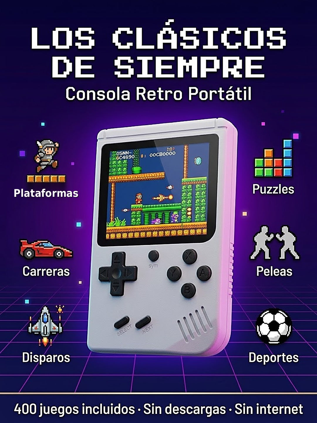 400 juegos clásicos: plataformas, carreras, peleas, puzzles, disparos y deportes
