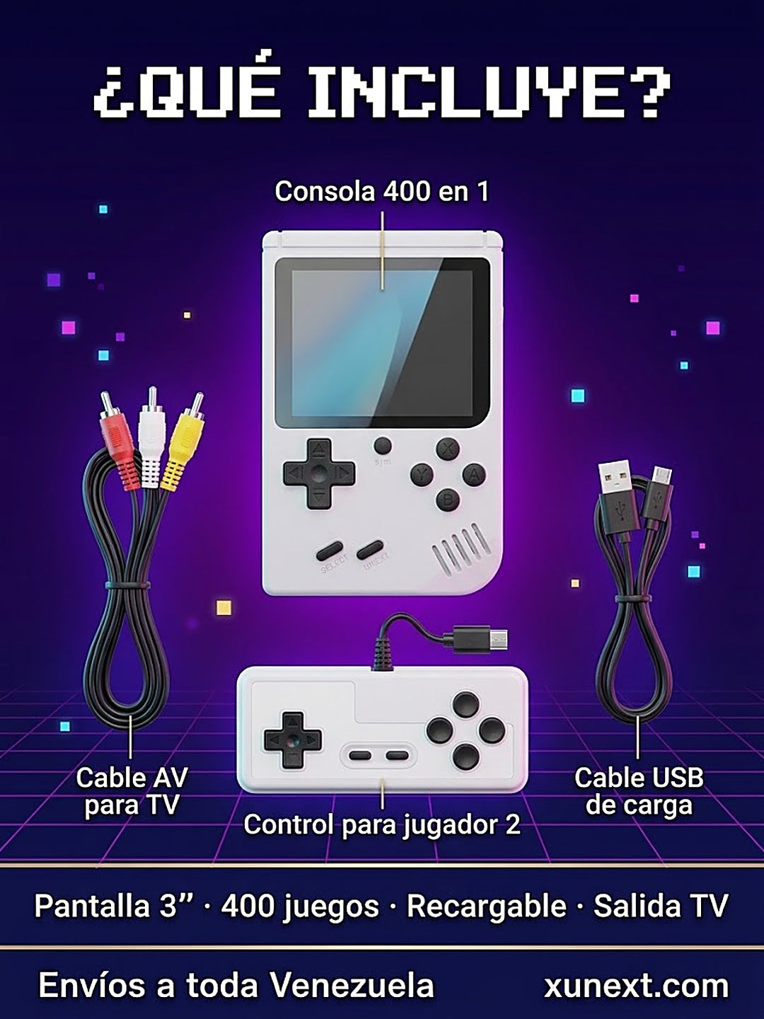 Qué incluye: consola, control para jugador 2, cable AV y cable USB