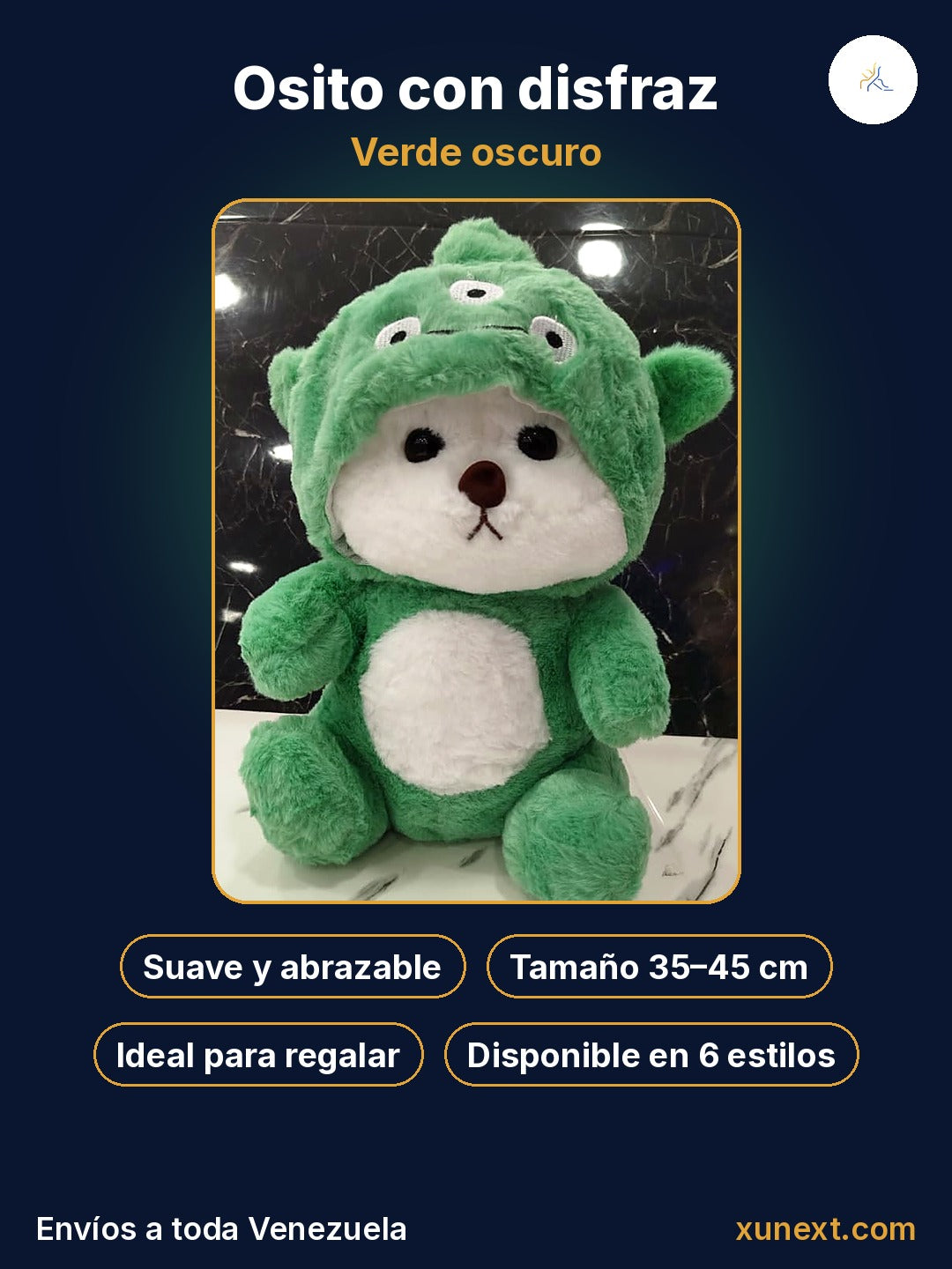 Osito verde oscuro con disfraz: suave, abrazable e ideal para regalar