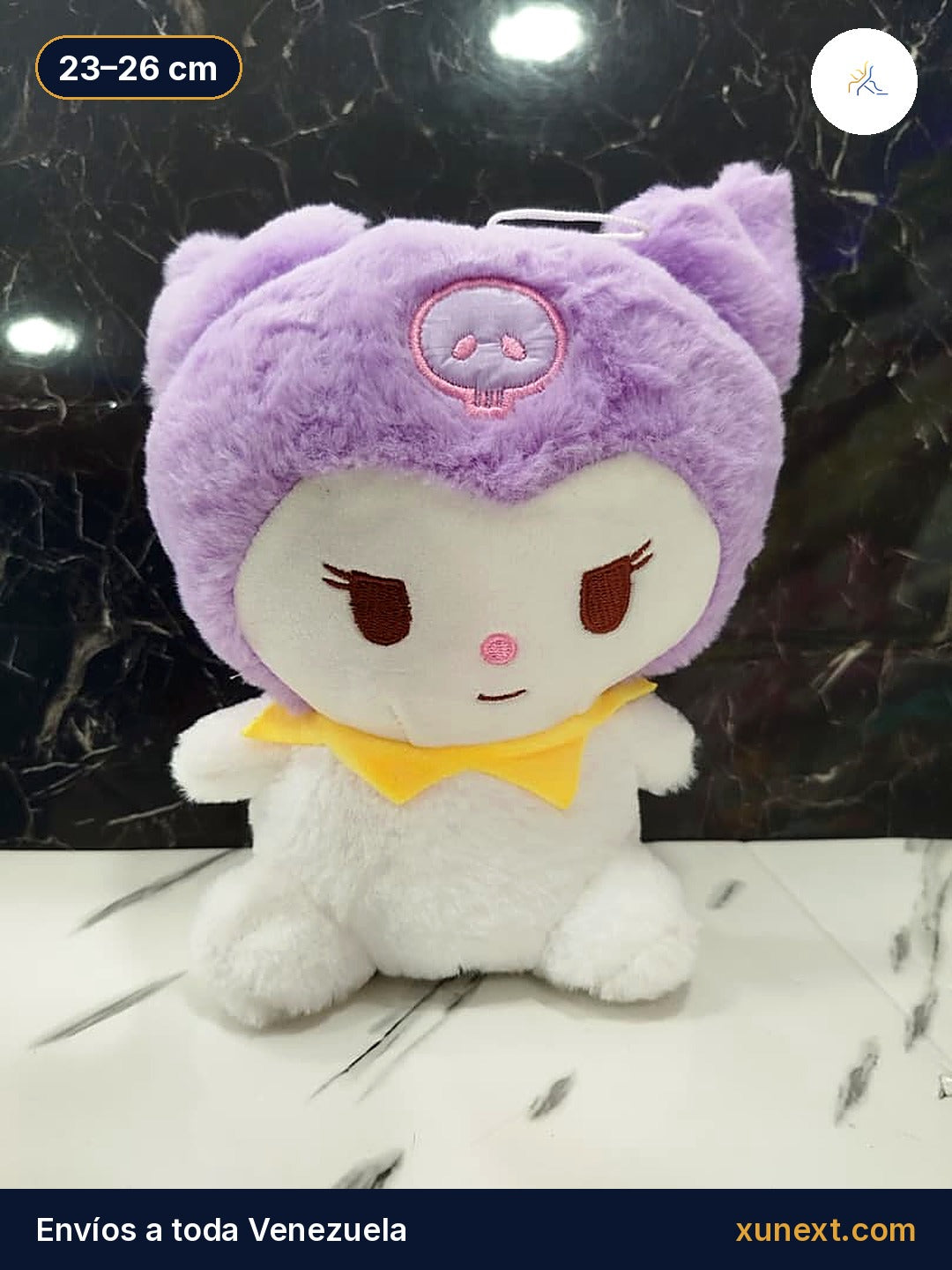 Peluche Kuromi lila con babero, capucha y calavera, 23 a 26 cm