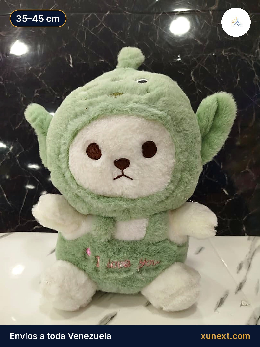 Peluche osito verde claro con capucha y overol I love you, 35 a 45 cm