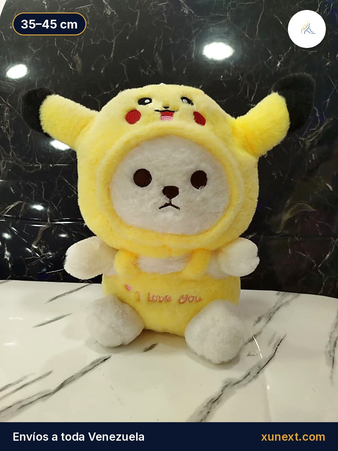 Peluche osito amarillo con capucha y overol I love you, 35 a 45 cm