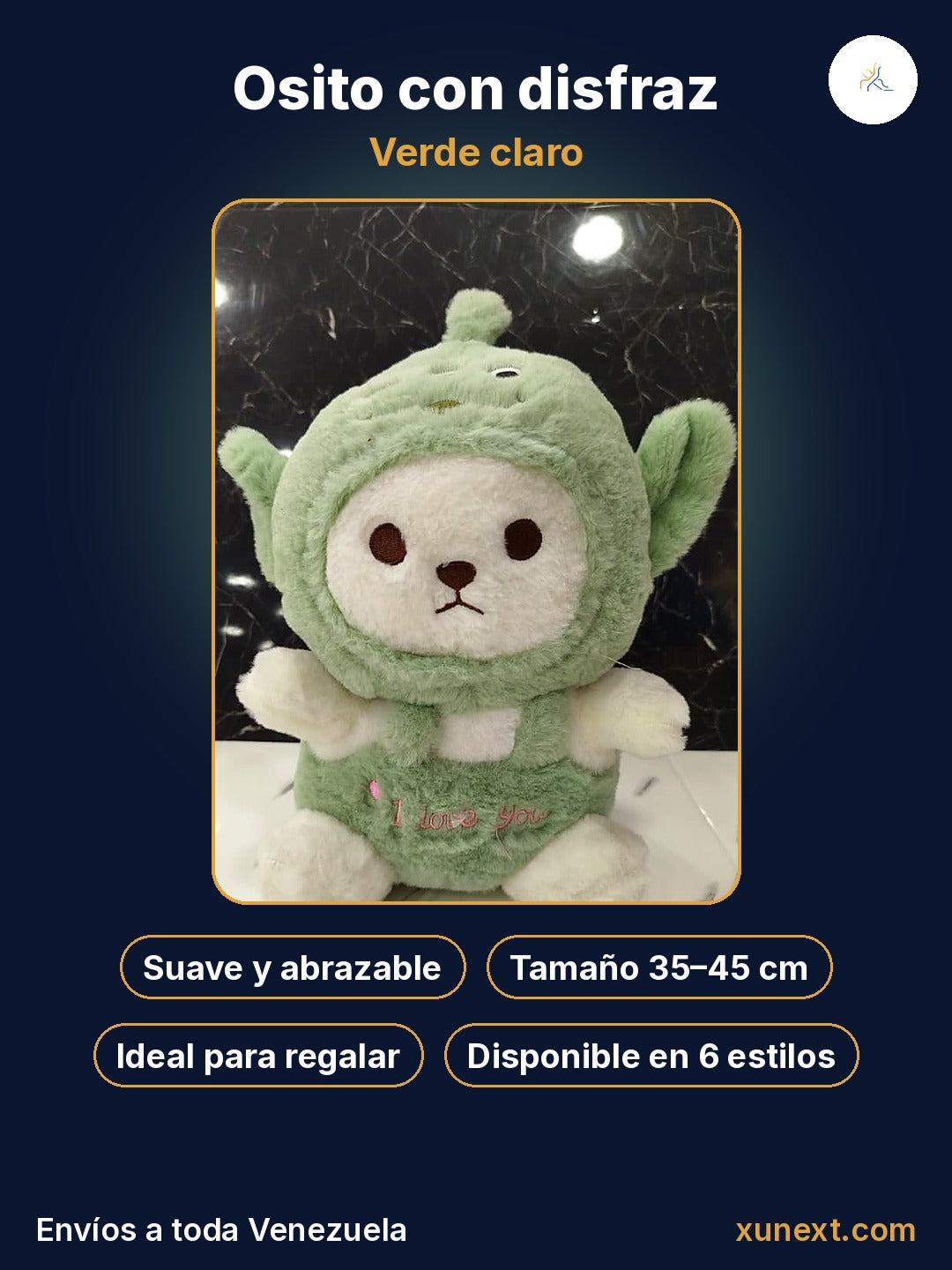 Osito verde claro con disfraz: suave, abrazable e ideal para regalar