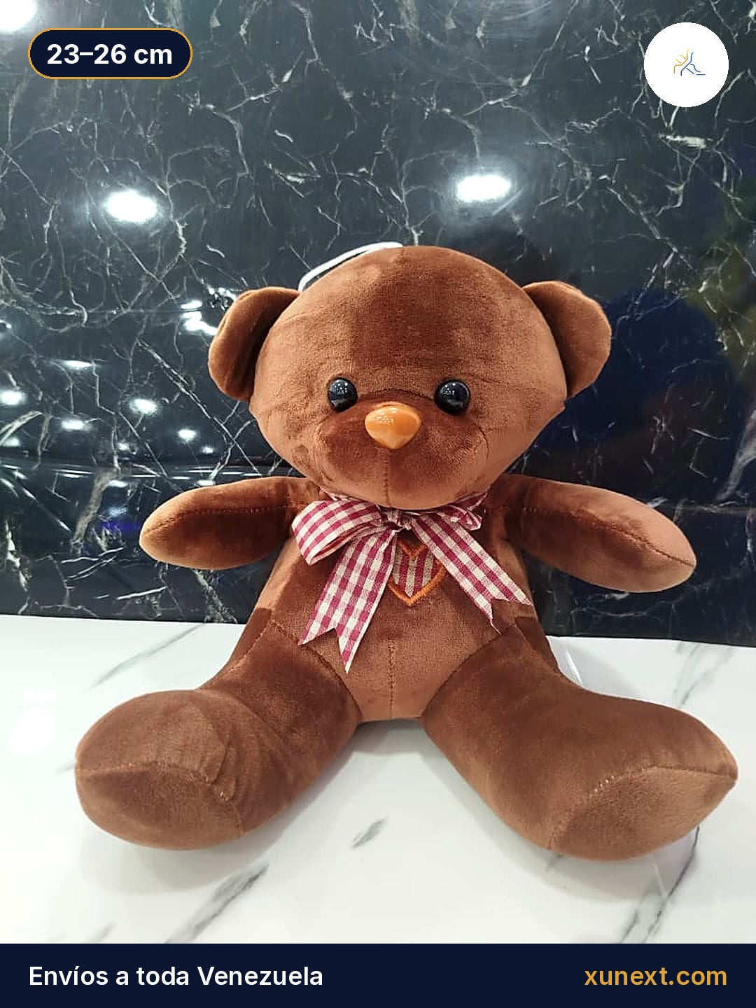 Osito teddy marrón oscuro con lazo de cuadros, 23 a 26 cm
