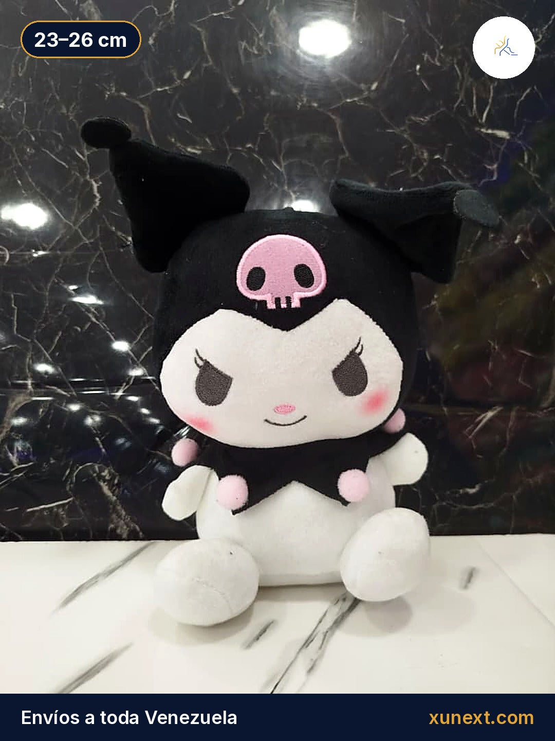 Peluche Kuromi negro con capucha y calavera, 23 a 26 cm