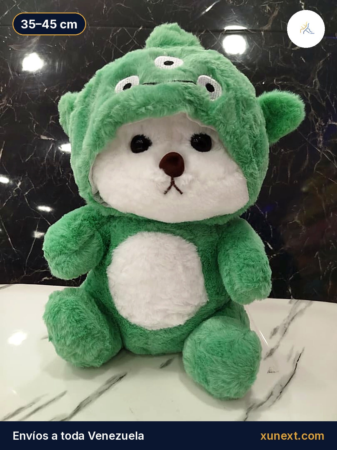 Peluche osito verde oscuro con disfraz enterizo de dinosaurio, 35 a 45 cm
