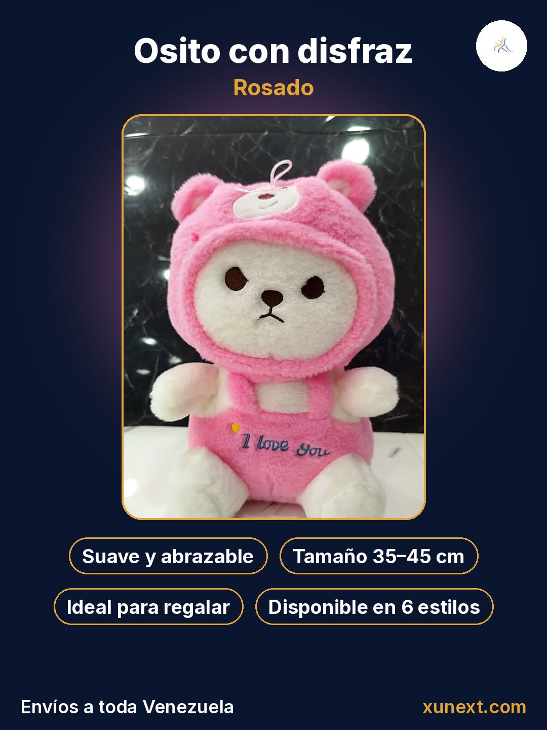 Osito rosado con disfraz: suave, abrazable e ideal para regalar
