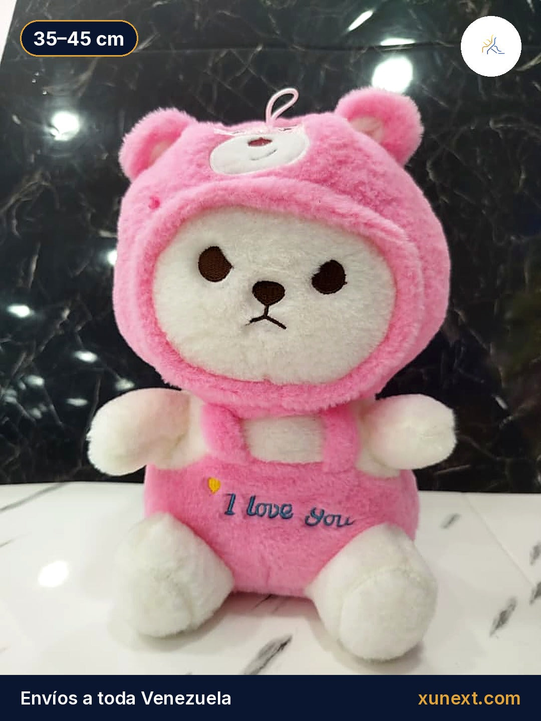 Peluche osito rosado con capucha de oso y overol I love you, 35 a 45 cm