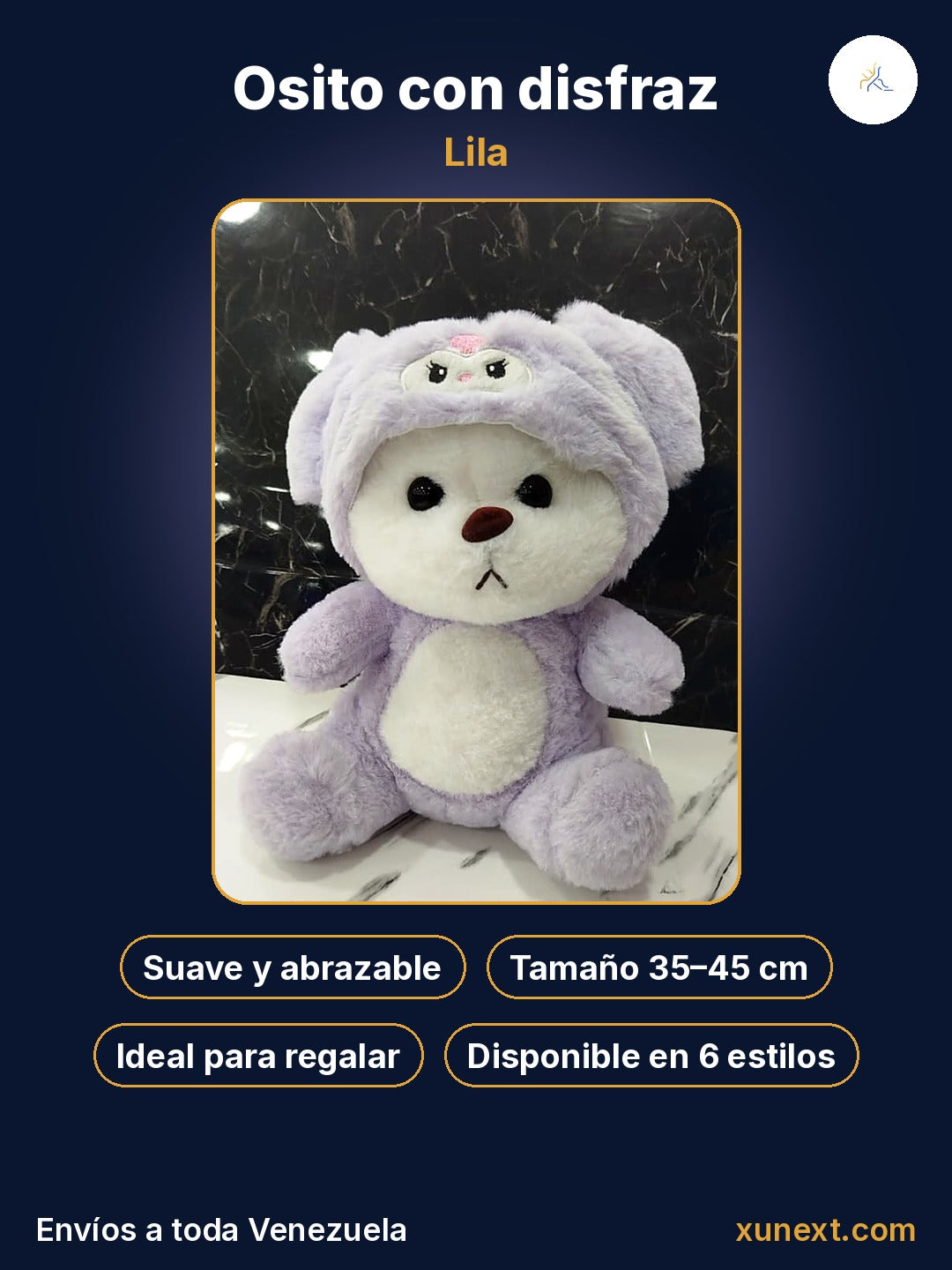Osito lila con disfraz: suave, abrazable e ideal para regalar