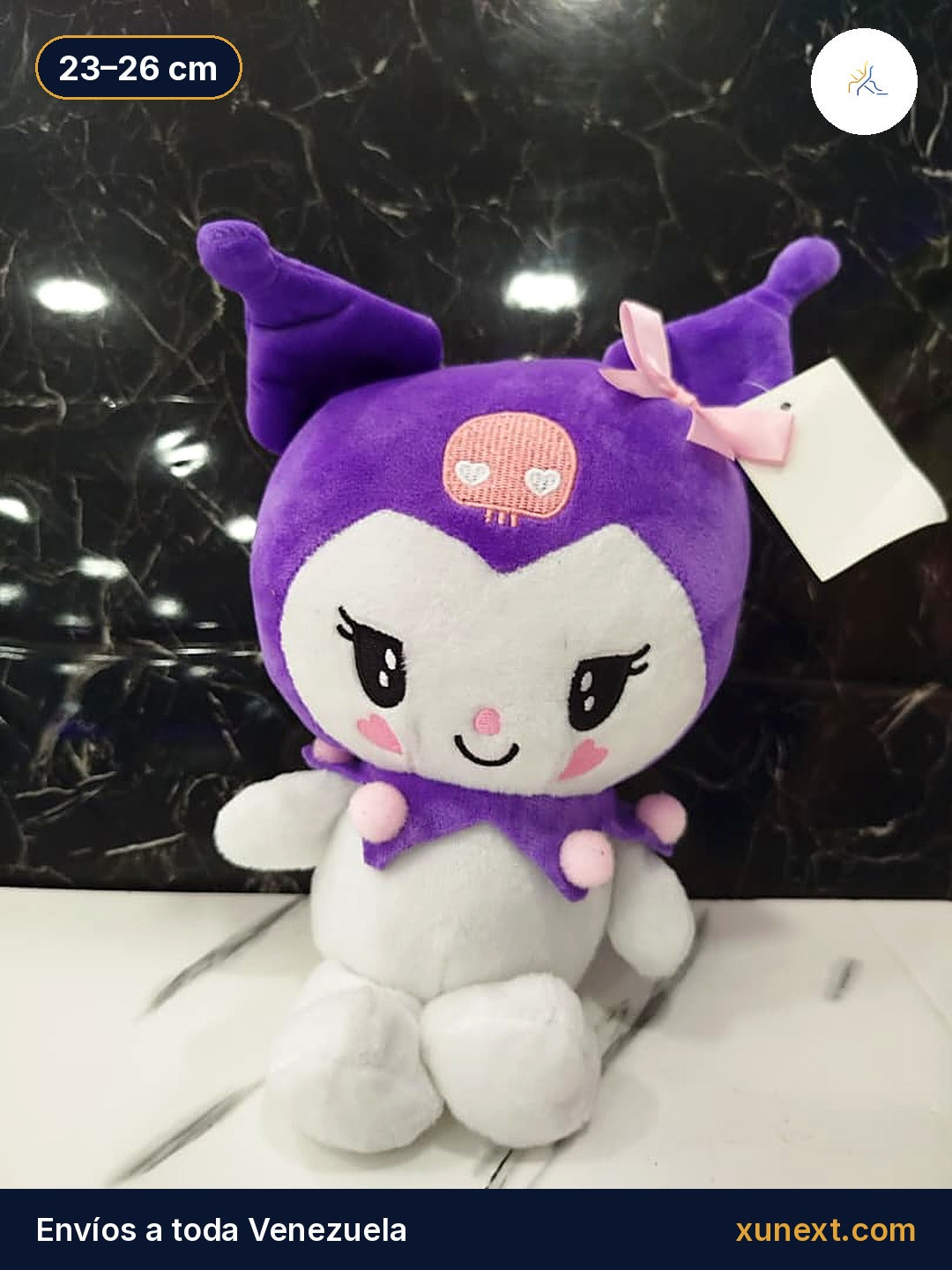 Peluche Kuromi morado con capucha y calavera, 23 a 26 cm