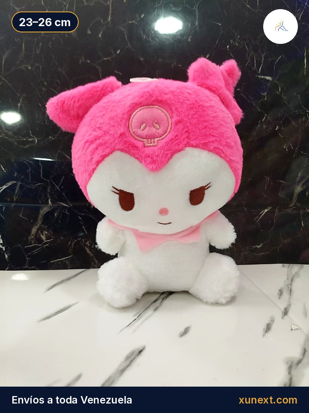 Peluche Kuromi rosado con capucha y calavera, 23 a 26 cm
