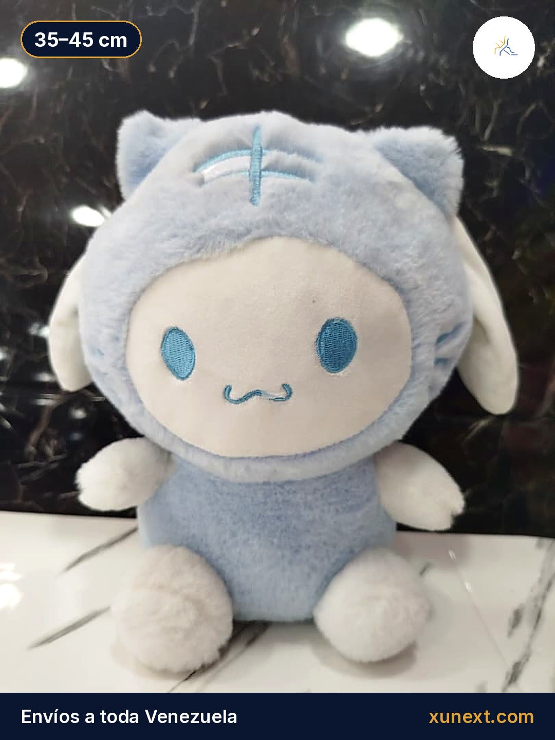 Peluche Cinnamon Roll con capucha azul, 35 a 45 cm