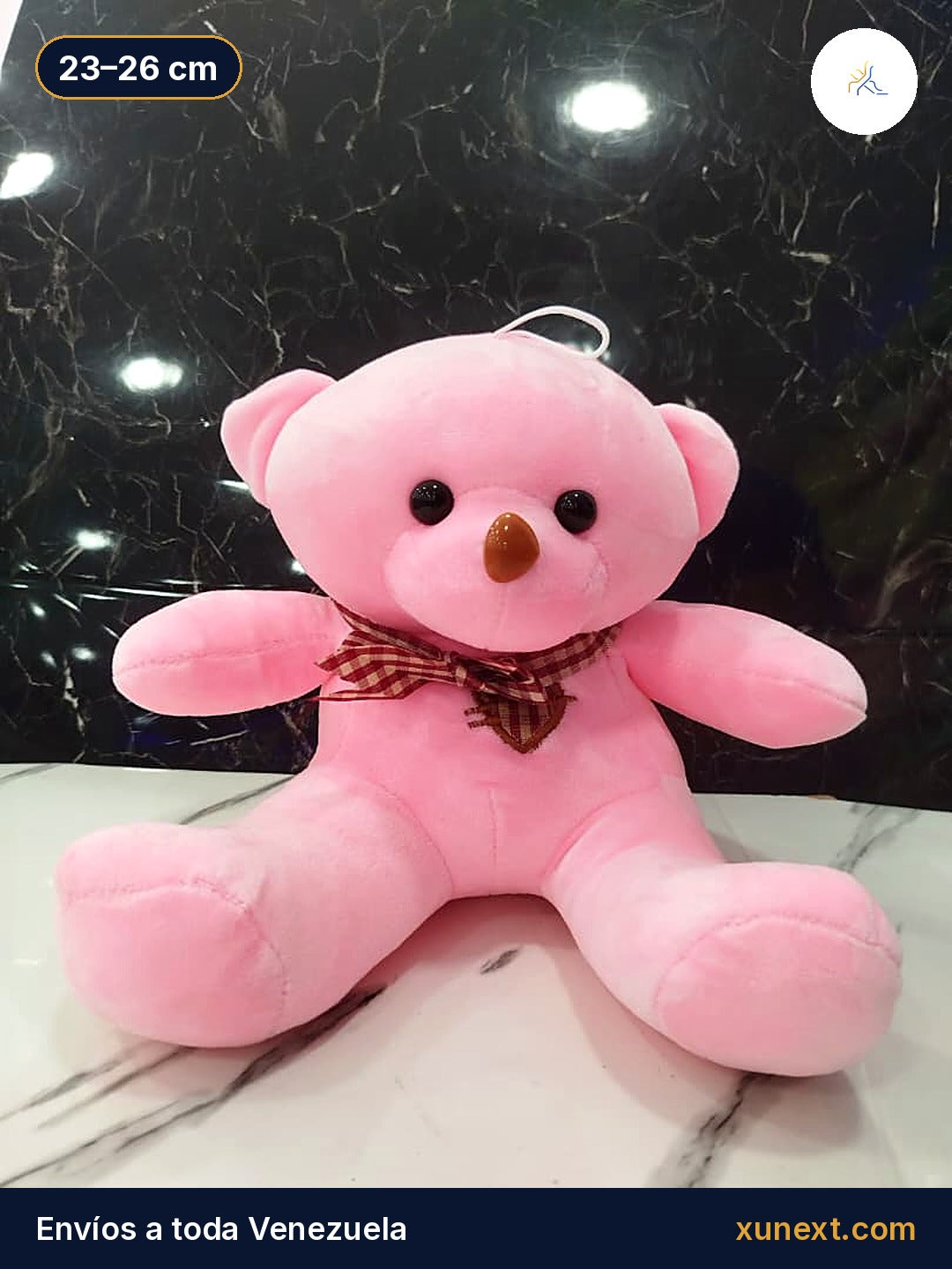 Osito teddy rosado con lazo de cuadros, 23 a 26 cm