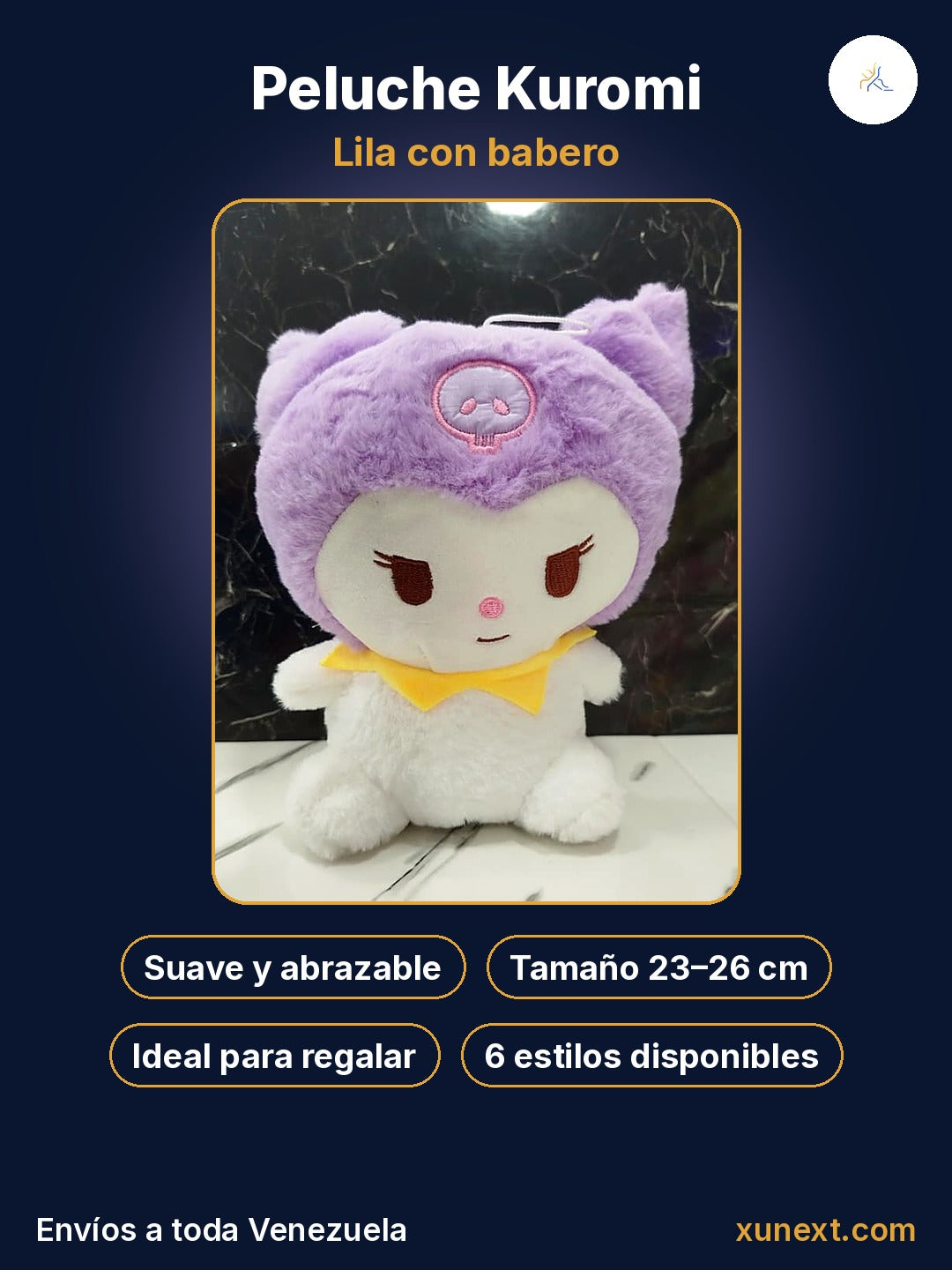 Kuromi lila con babero: suave, tierno e ideal para regalar
