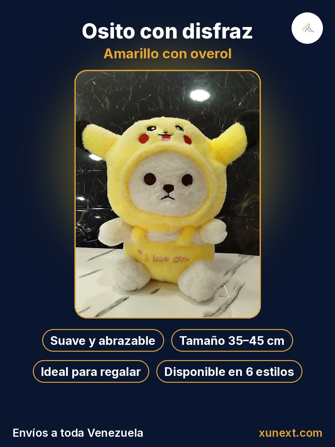 Osito amarillo con overol: suave, abrazable e ideal para regalar