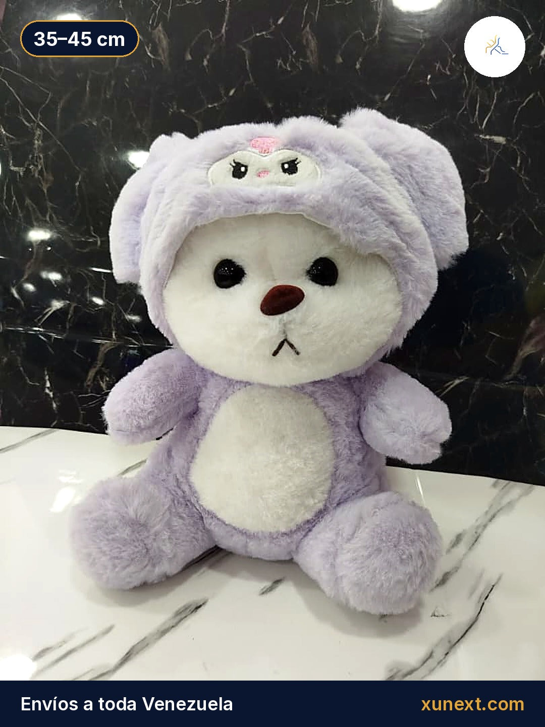 Peluche osito lila con disfraz enterizo de capucha, 35 a 45 cm