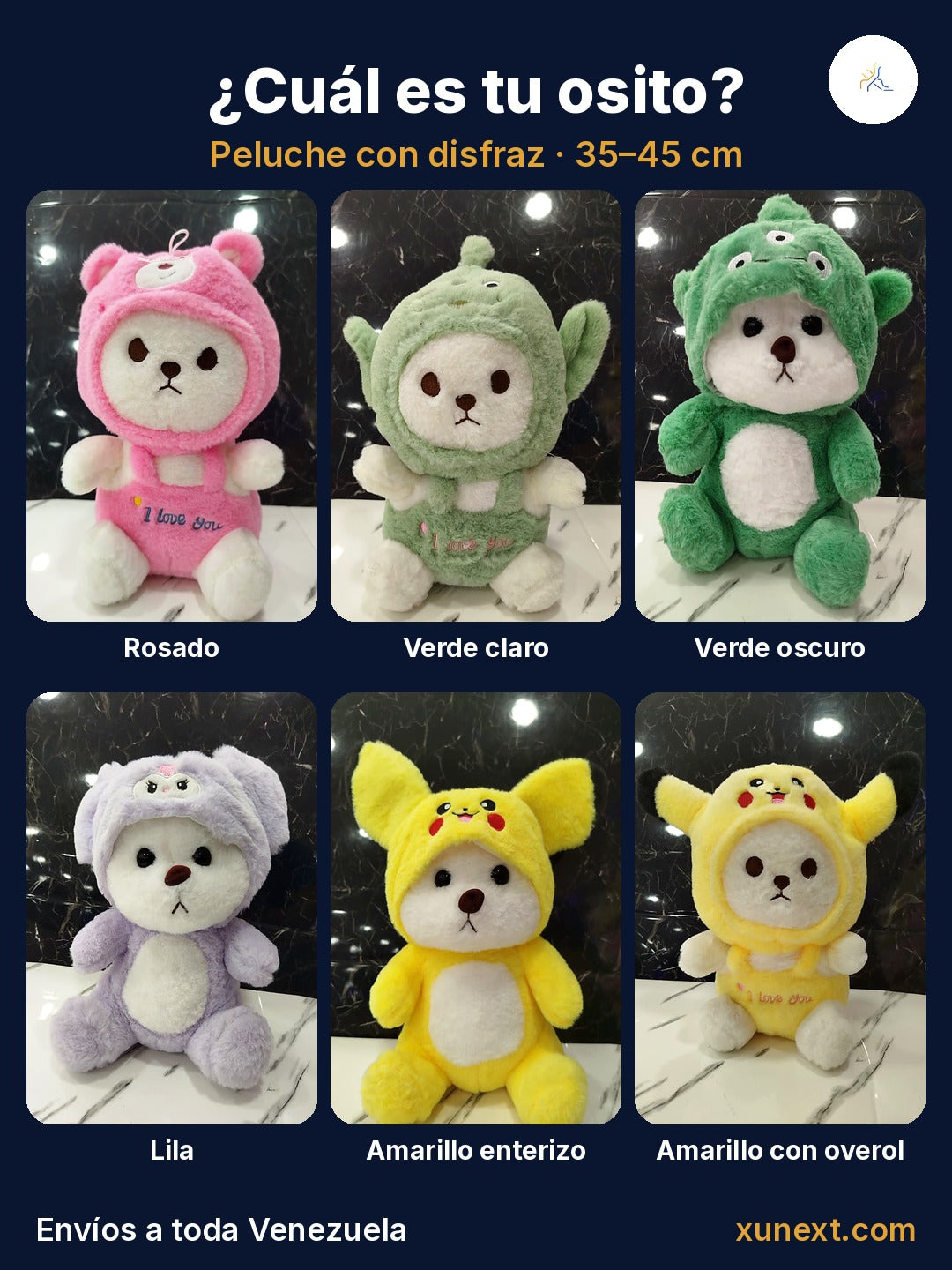 Peluche osito con disfraz en 6 estilos: rosado, verde claro, verde oscuro, lila y amarillo, de 35 a 45 cm