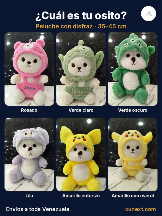 Peluche osito con disfraz en 6 estilos: rosado, verde claro, verde oscuro, lila y amarillo, de 35 a 45 cm
