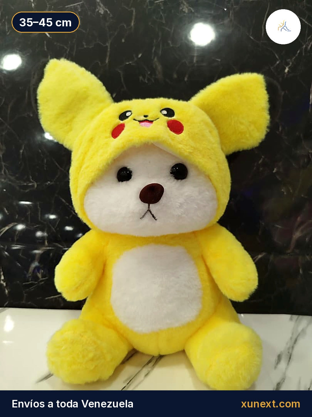 Peluche osito amarillo con disfraz enterizo de capucha con orejas, 35 a 45 cm
