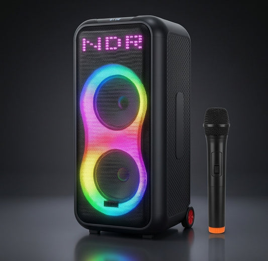 Corneta Profesional NDR-1508 con pantalla LED y aro RGB encendido, con micrófono inalámbrico