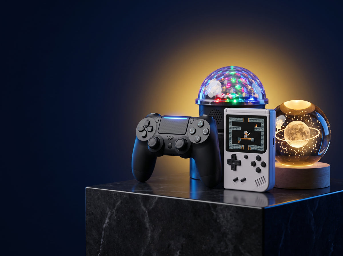 Productos XuNext: control, consola retro, corneta RGB y lámpara 3D