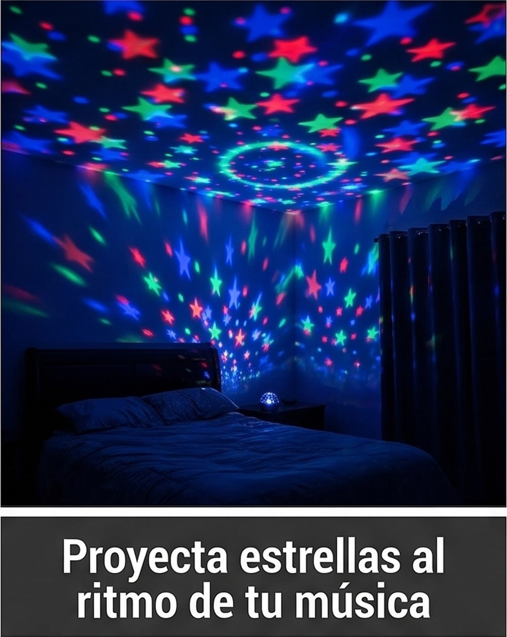 Estrellas de colores proyectadas en un cuarto